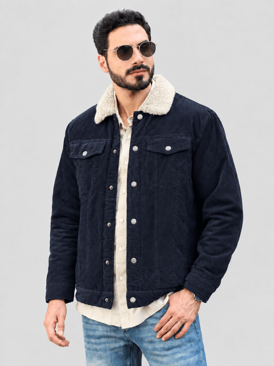 TACVASEN Navy Men's Corduroy Jacket Sherpa Lined Warm Winter Coat Cargo Jacket
