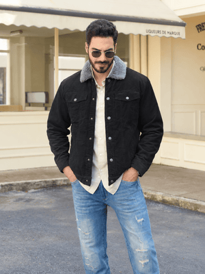TACVASEN Black Men's Corduroy Jacket Sherpa Lined Warm Winter Coat Cargo Jacket