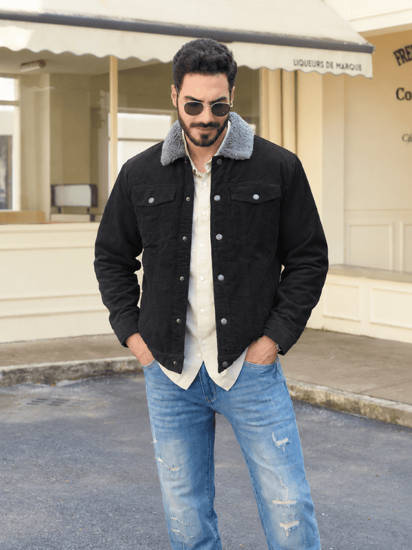 TACVASEN Black Men's Corduroy Jacket Sherpa Lined Warm Winter Coat Cargo Jacket