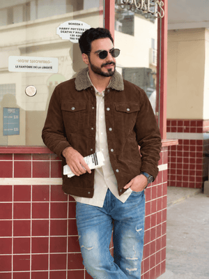 TACVASEN Brown Men's Corduroy Jacket Sherpa Lined Warm Winter Coat Cargo Jacket