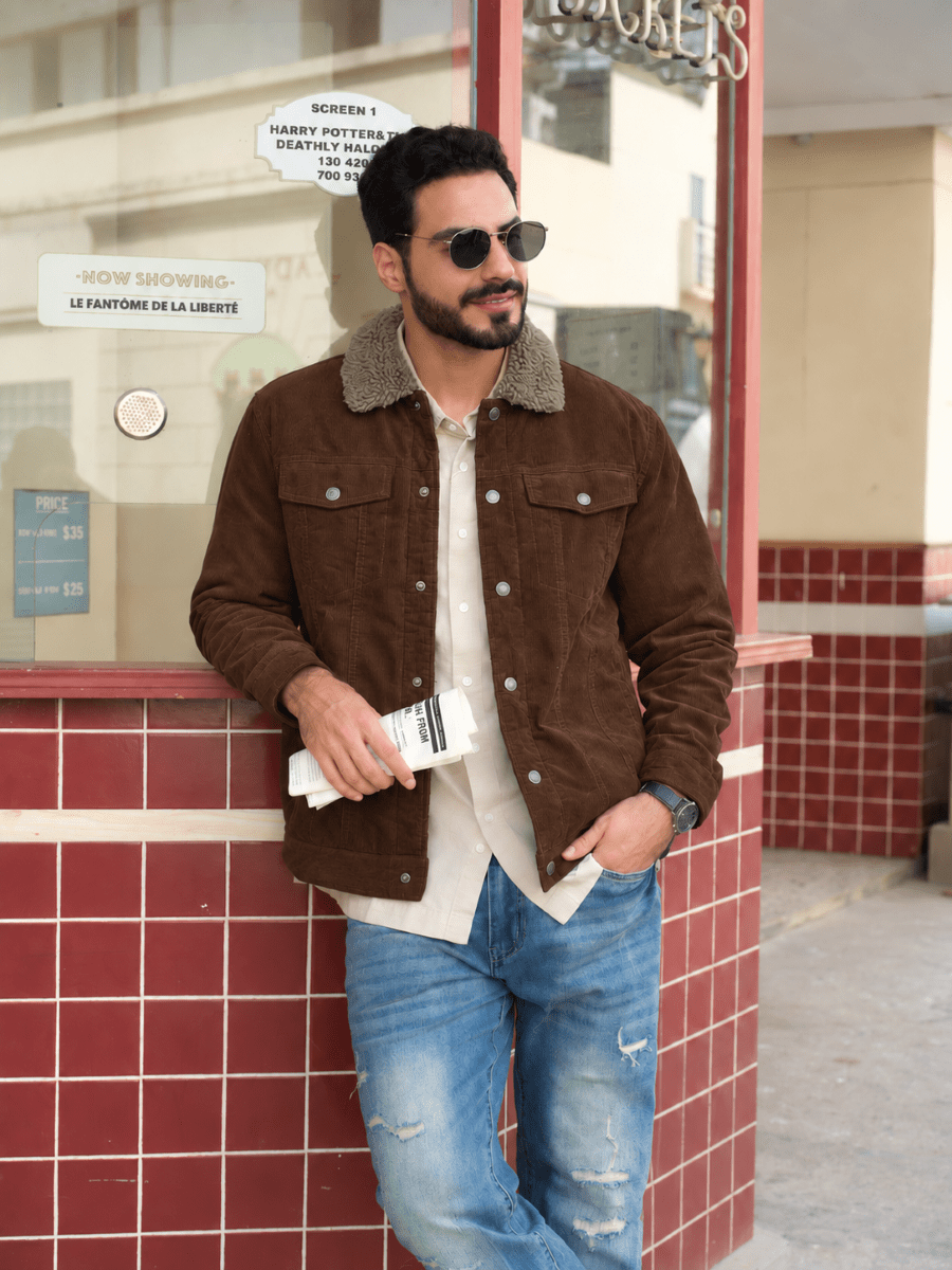 TACVASEN Brown Men's Corduroy Jacket Sherpa Lined Warm Winter Coat Cargo Jacket