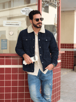 TACVASEN Navy Men's Corduroy Jacket Sherpa Lined Warm Winter Coat Cargo Jacket