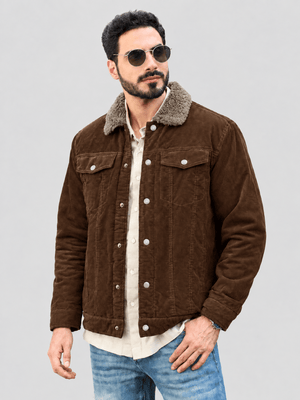 TACVASEN Brown Men's Corduroy Jacket Sherpa Lined Warm Winter Coat Cargo Jacket