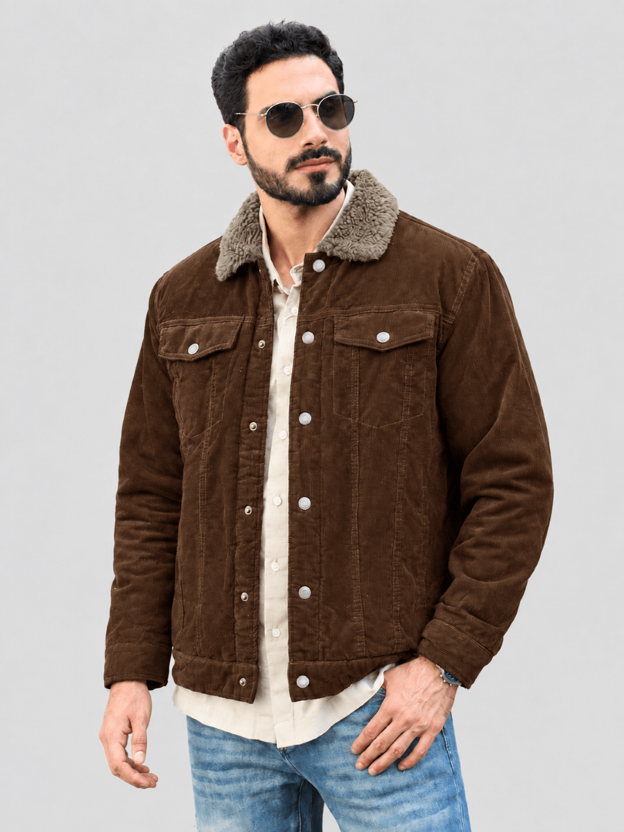 TACVASEN Brown Men's Corduroy Jacket Sherpa Lined Warm Winter Coat Cargo Jacket