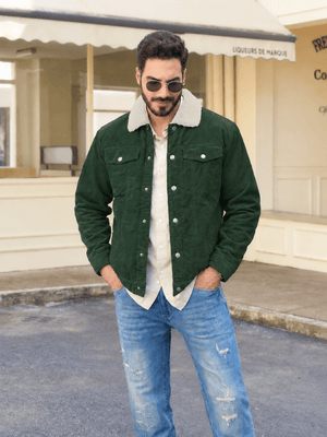 TACVASEN Forest Green Men's Corduroy Jacket Sherpa Lined Warm Winter Coat Cargo Jacket