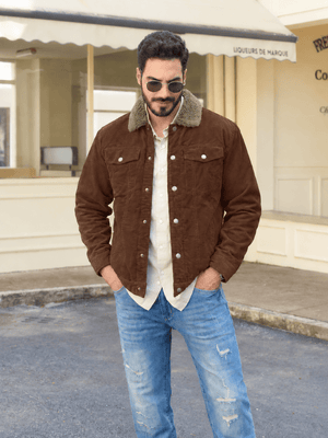 TACVASEN Brown Men's Corduroy Jacket Sherpa Lined Warm Winter Coat Cargo Jacket