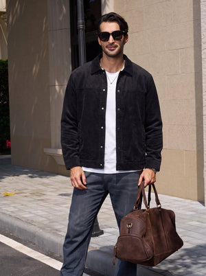 TACVASEN Black Men's Corduroy Warm Winter Jacket With Multi Pockets