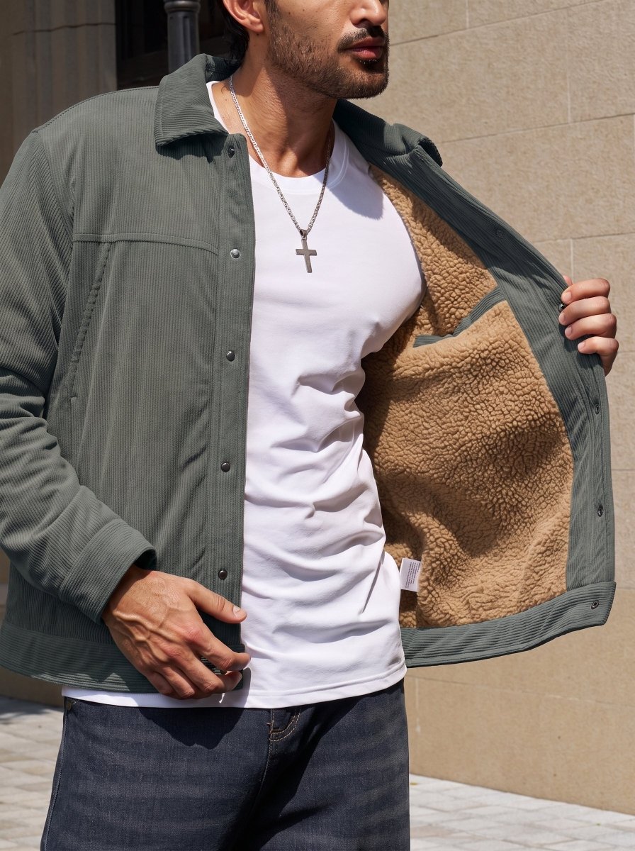 TACVASEN Dark Grey Men's Corduroy Warm Winter Jacket With Multi Pockets