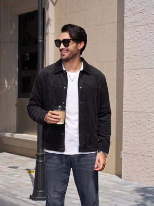 TACVASEN Black Men's Corduroy Warm Winter Jacket With Multi Pockets