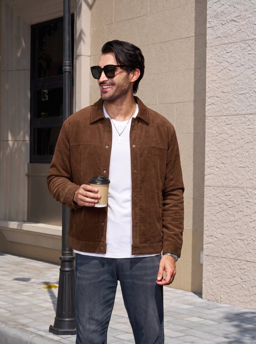 TACVASEN Dark Brown Men's Corduroy Warm Winter Jacket With Multi Pockets