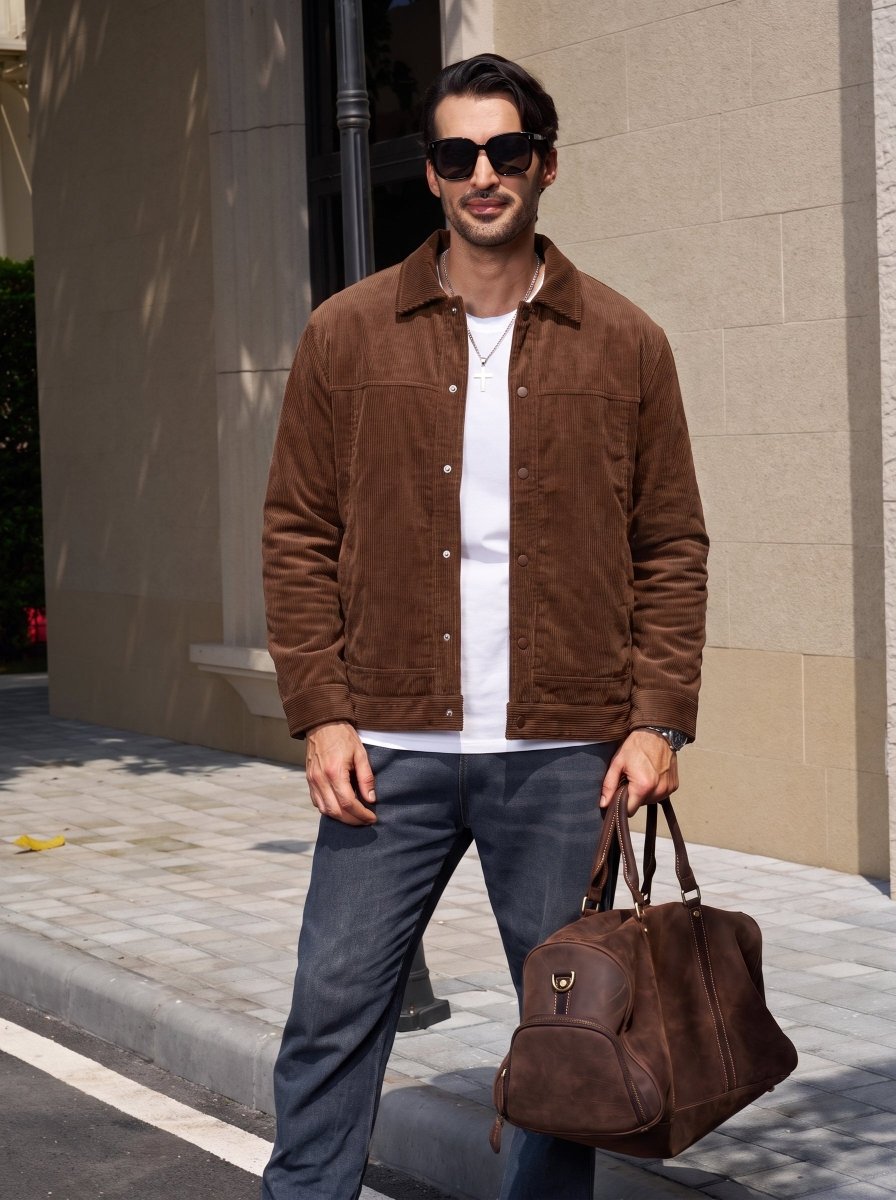 TACVASEN Dark Brown Men's Corduroy Warm Winter Jacket With Multi Pockets