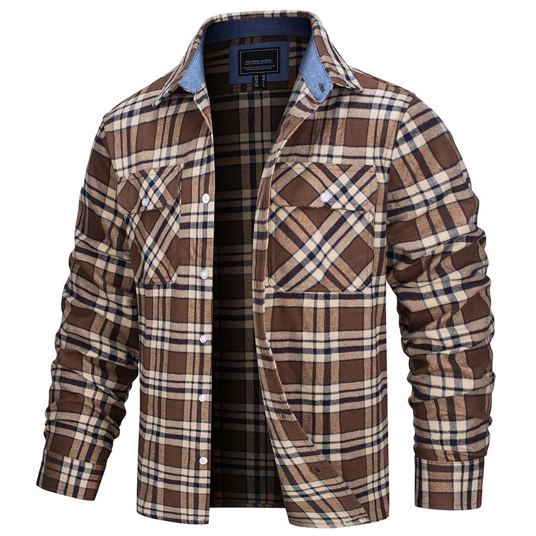 TACVASEN Brown Men's Cotton Flannel Shirt Plaid Lightweight Jacket