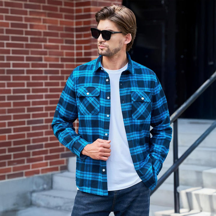Men's Cotton Flannel Shirt Plaid Button Down Lightweight Jacket - L21M445