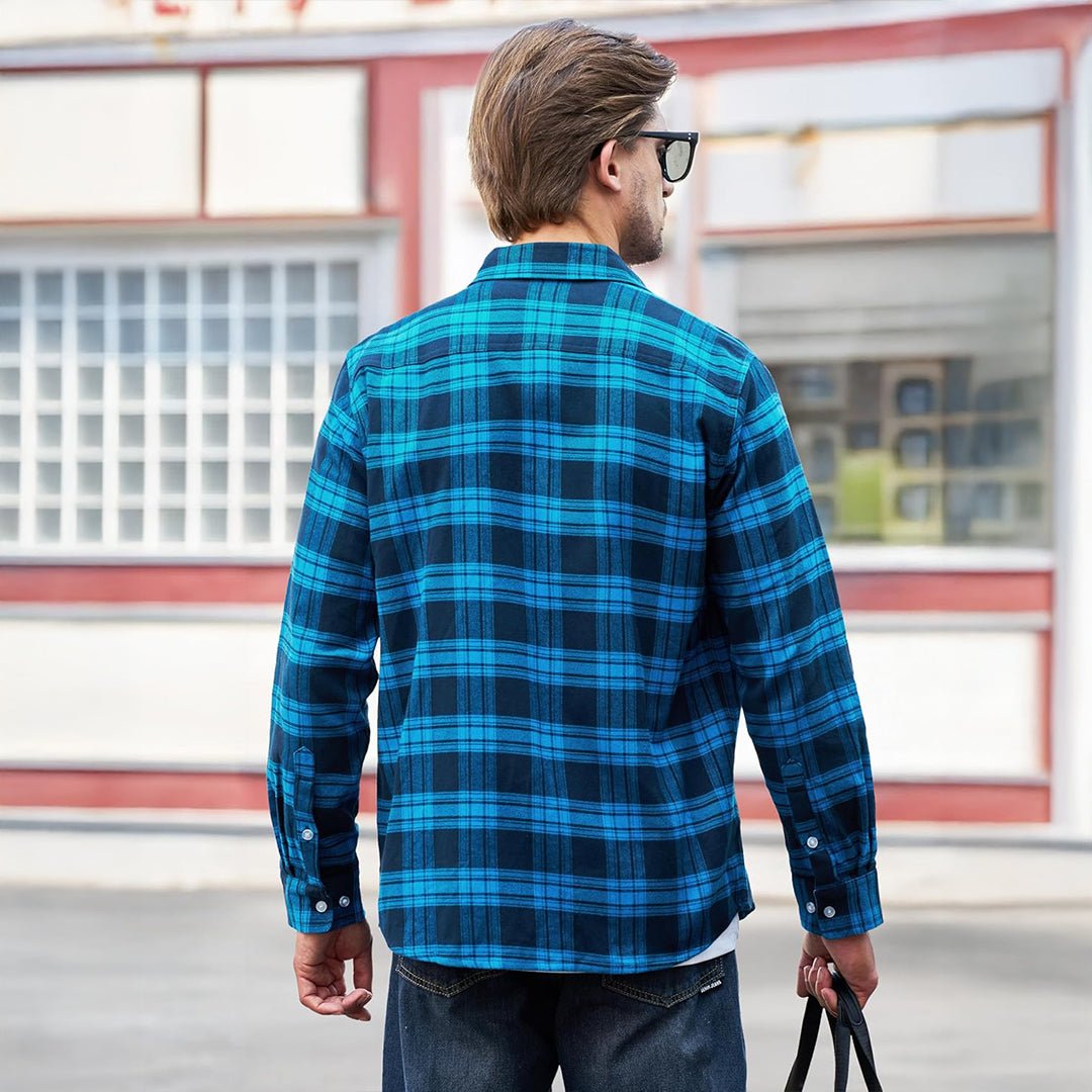 TACVASEN Blue White Men's Cotton Flannel Shirt Plaid Lightweight Jacket