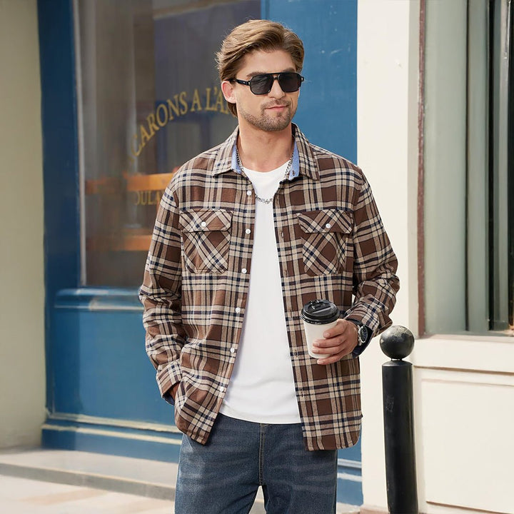 Men's Cotton Flannel Shirt Plaid Button Down Lightweight Jacket - L21M445