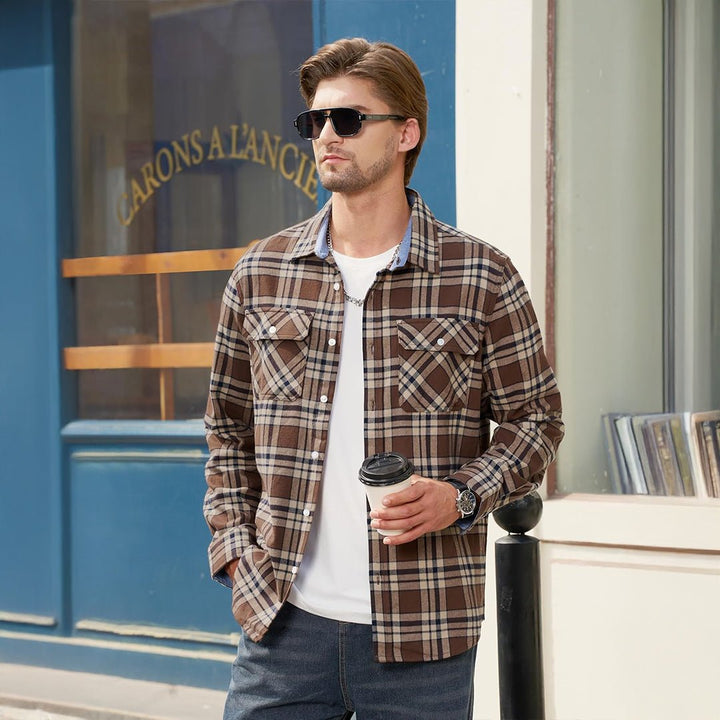 Men's Cotton Flannel Shirt Plaid Button Down Lightweight Jacket - L21M445