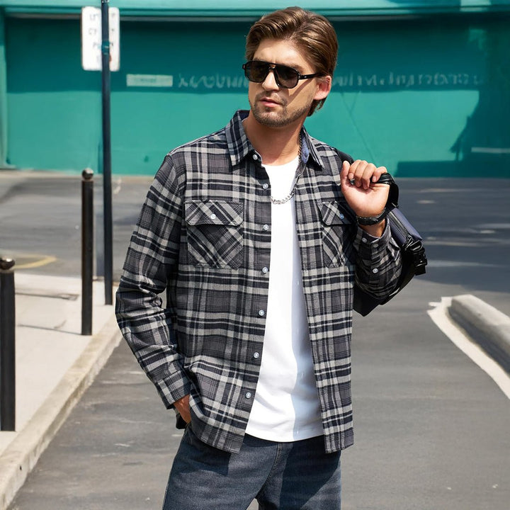 Men's Cotton Flannel Shirt Plaid Button Down Lightweight Jacket - L21M445