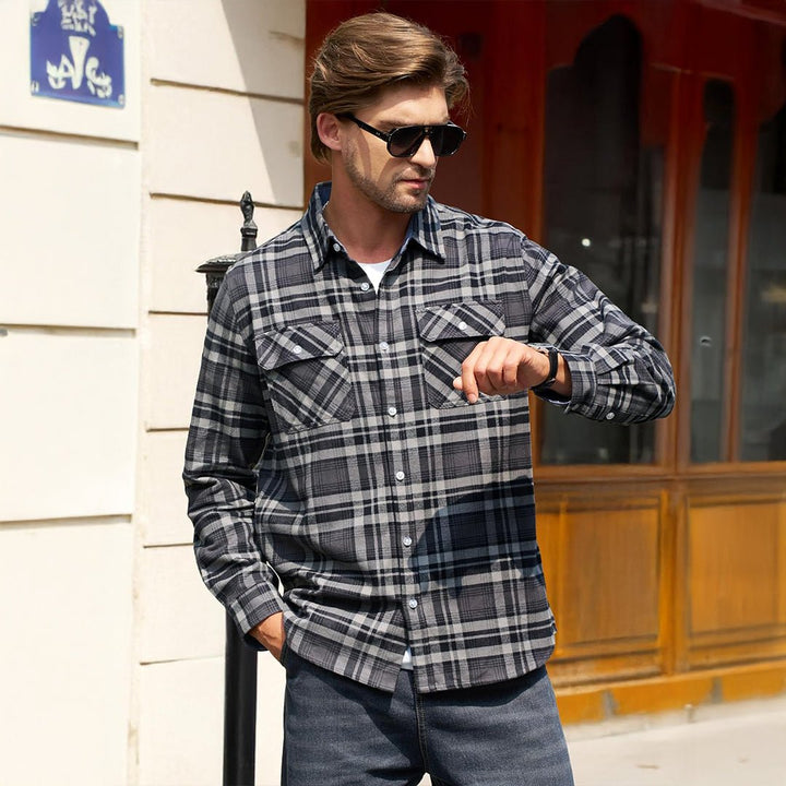 Men's Cotton Flannel Shirt Plaid Button Down Lightweight Jacket - L21M445