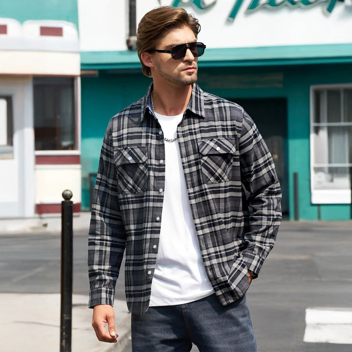 Men's Cotton Flannel Shirt Plaid Button Down Lightweight Jacket - L21M445