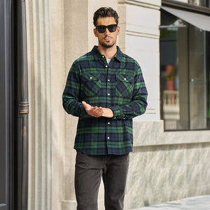 TACVASEN Green Men's Cotton Flannel Shirt Plaid Lightweight Jacket