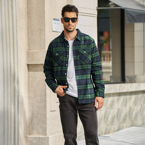 TACVASEN Green Men's Cotton Flannel Shirt Plaid Lightweight Jacket