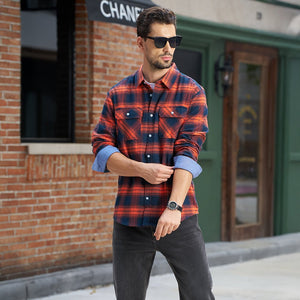 TACVASEN Orange Men's Cotton Flannel Shirt Plaid Lightweight Jacket