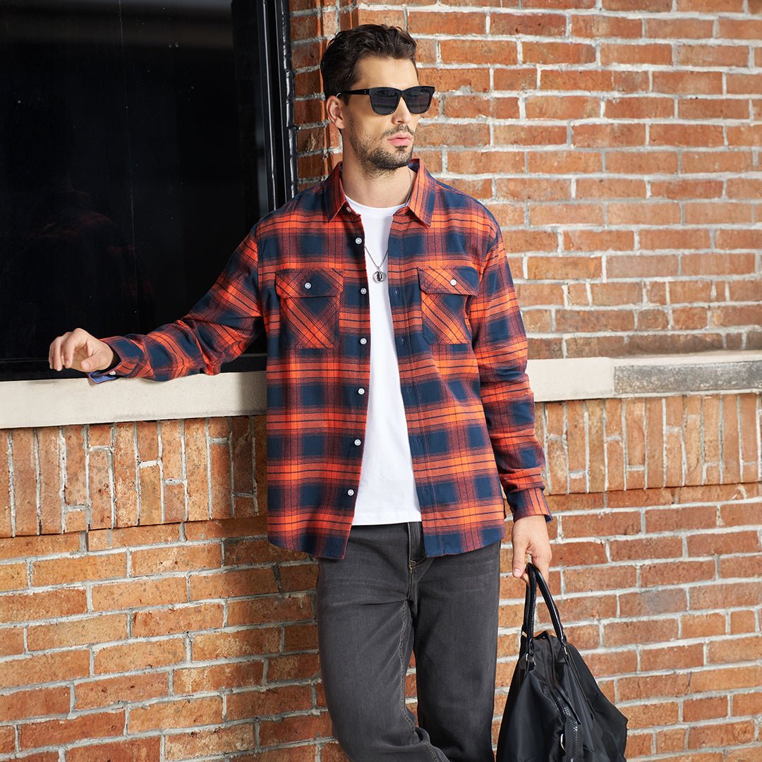 TACVASEN Orange Men's Cotton Flannel Shirt Plaid Lightweight Jacket