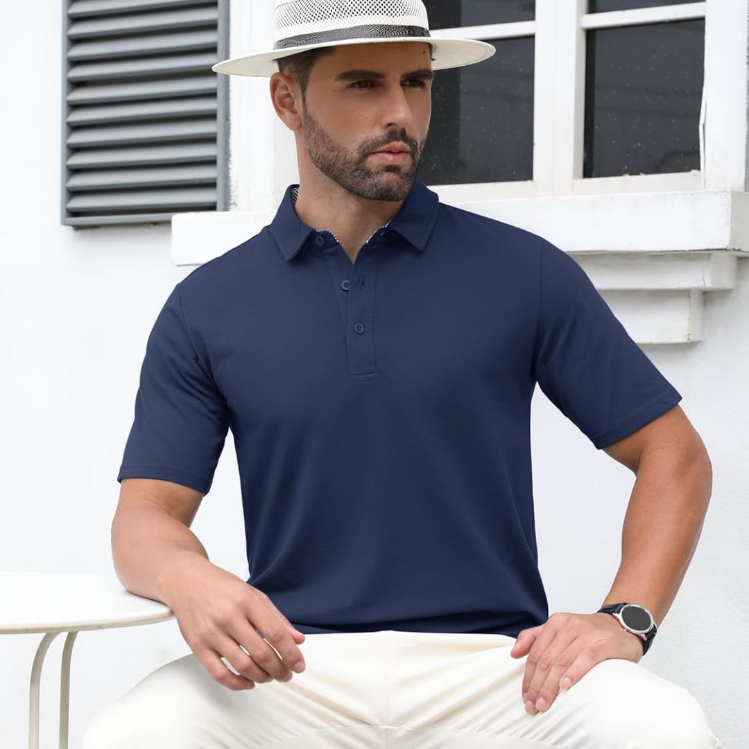 TACVASEN Navy Men's Cotton Pique Short Sleeve Classic Fit Polo Shirt