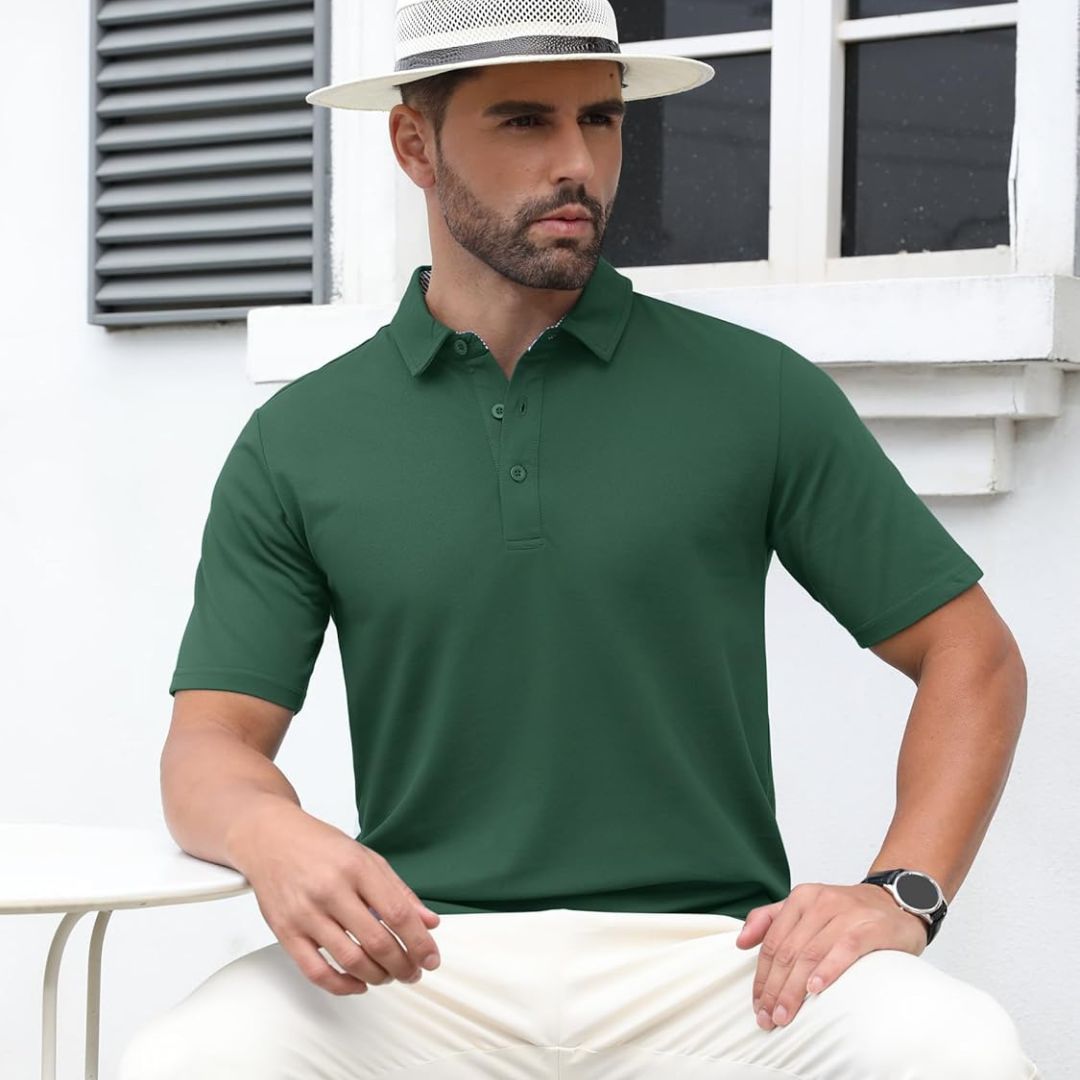 TACVASEN Dark Green Men's Cotton Pique Short Sleeve Classic Fit Polo Shirt