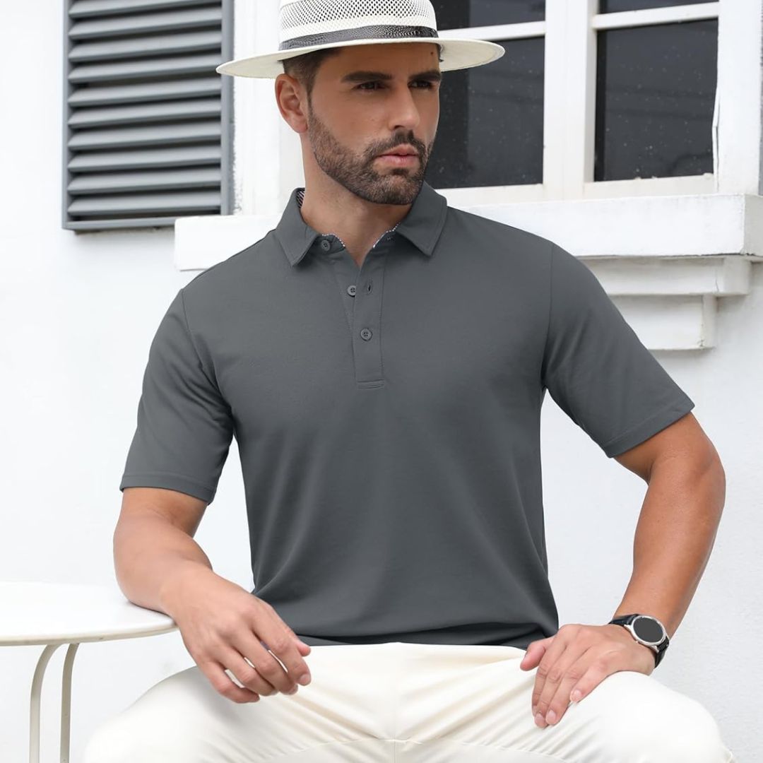 TACVASEN Dark Grey Men's Cotton Pique Short Sleeve Classic Fit Polo Shirt
