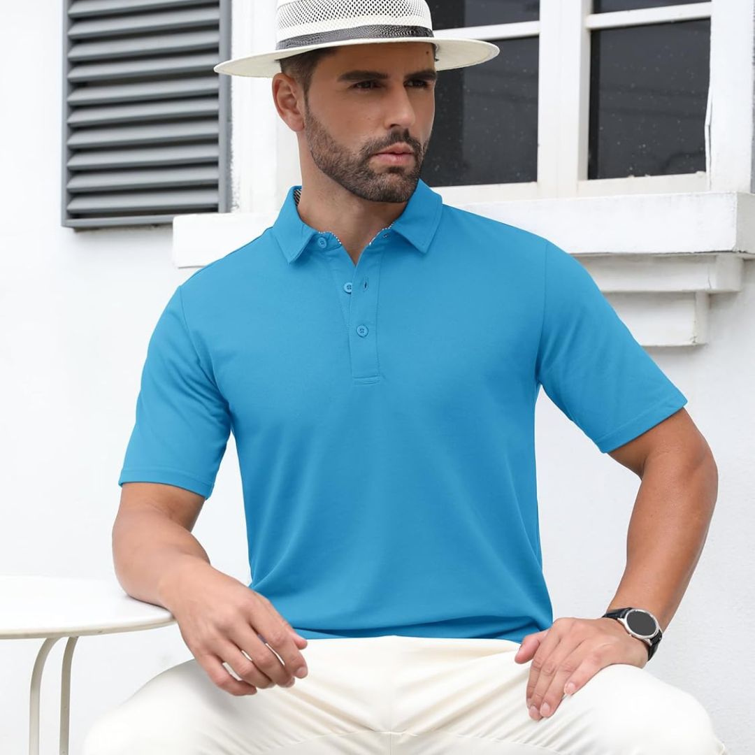 TACVASEN Blue Green Men's Cotton Pique Short Sleeve Classic Fit Polo Shirt