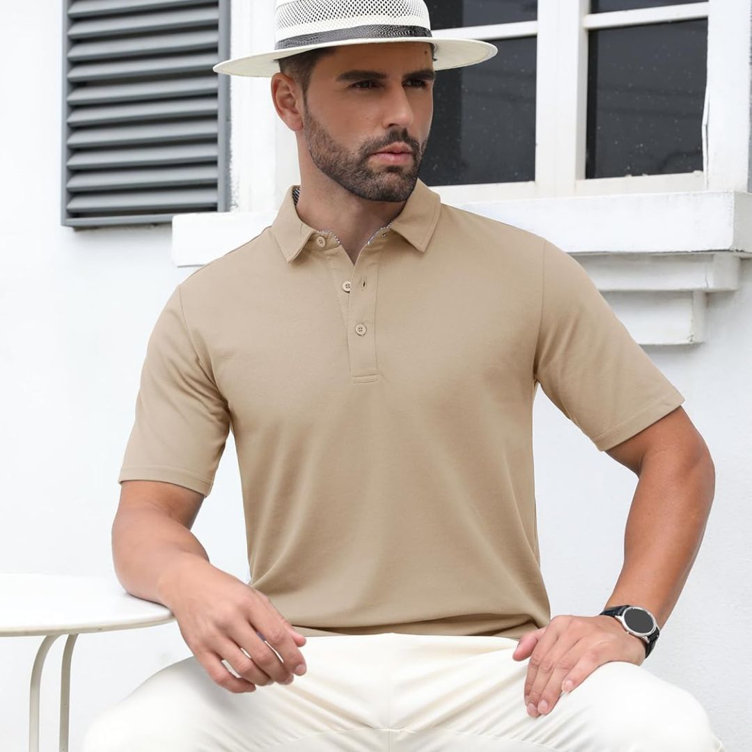 TACVASEN Khaki Men's Cotton Pique Short Sleeve Classic Fit Polo Shirt