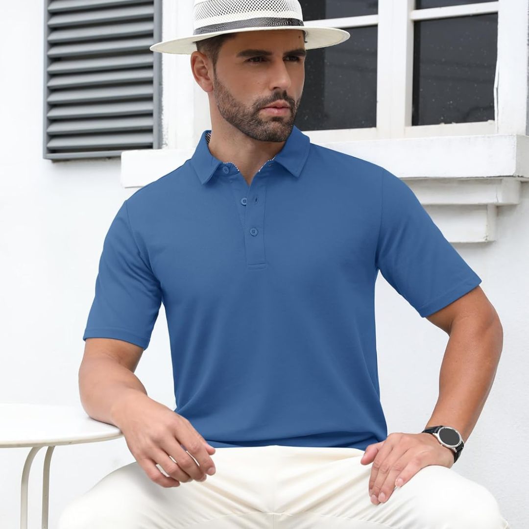 TACVASEN Blue Grey Men's Cotton Pique Short Sleeve Classic Fit Polo Shirt