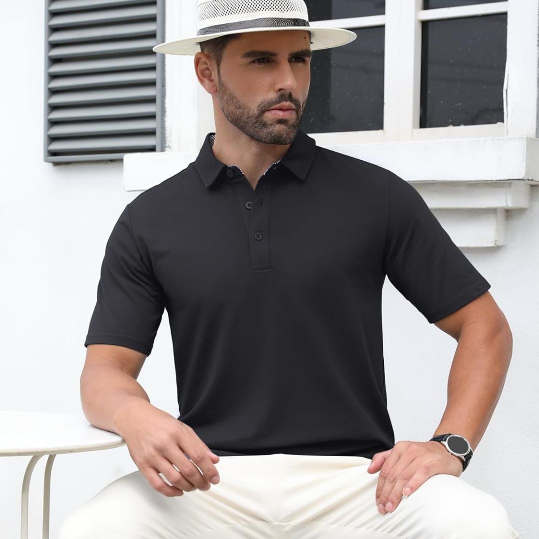 TACVASEN Black Men's Cotton Pique Short Sleeve Classic Fit Polo Shirt