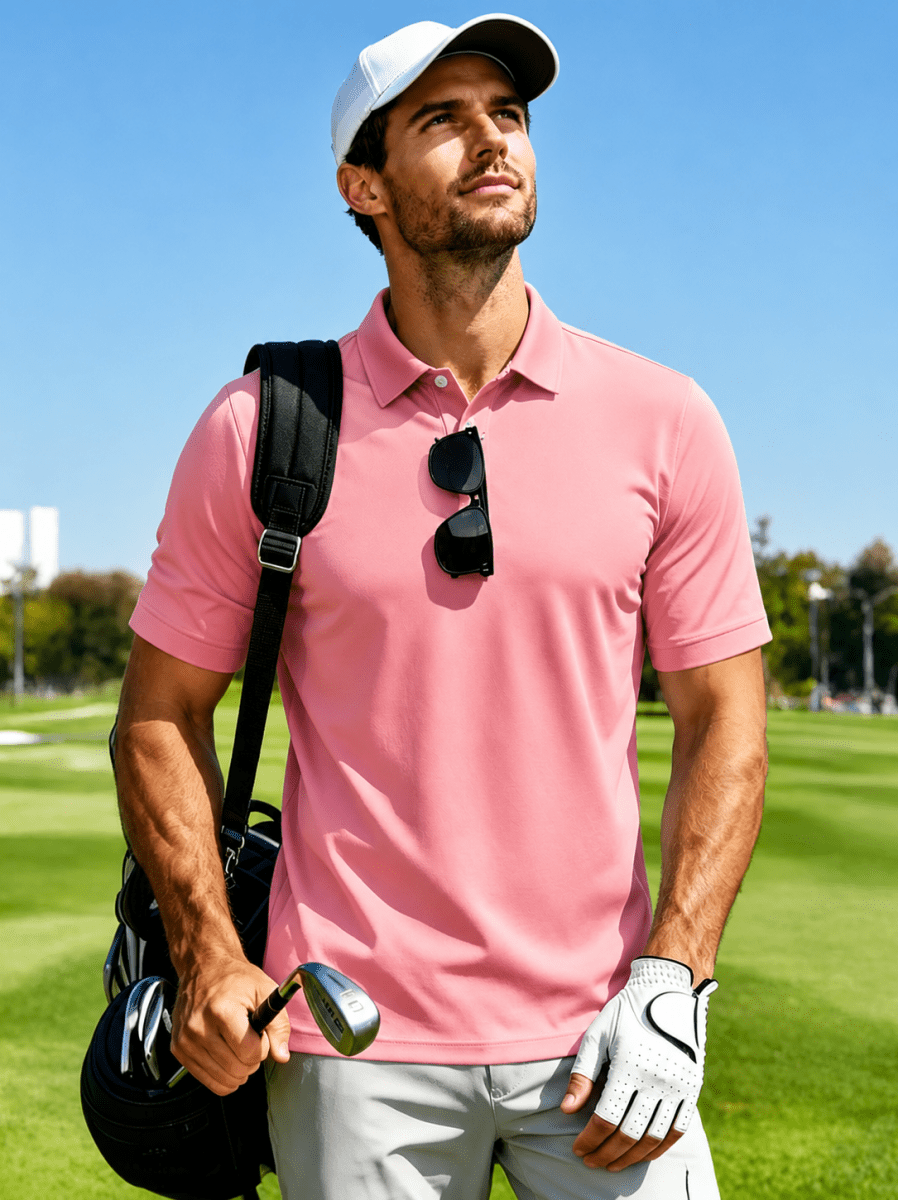 TACVASEN Grey Pink Men's Dry Fit Short Sleeve Performance Golf Polo Work Shirt
