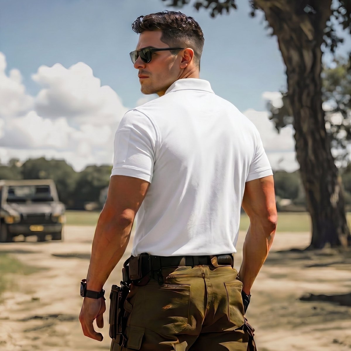 TACVASEN White Men's Dry Fit UPF 50+ Golf Workwear Tactical Polo Shirt