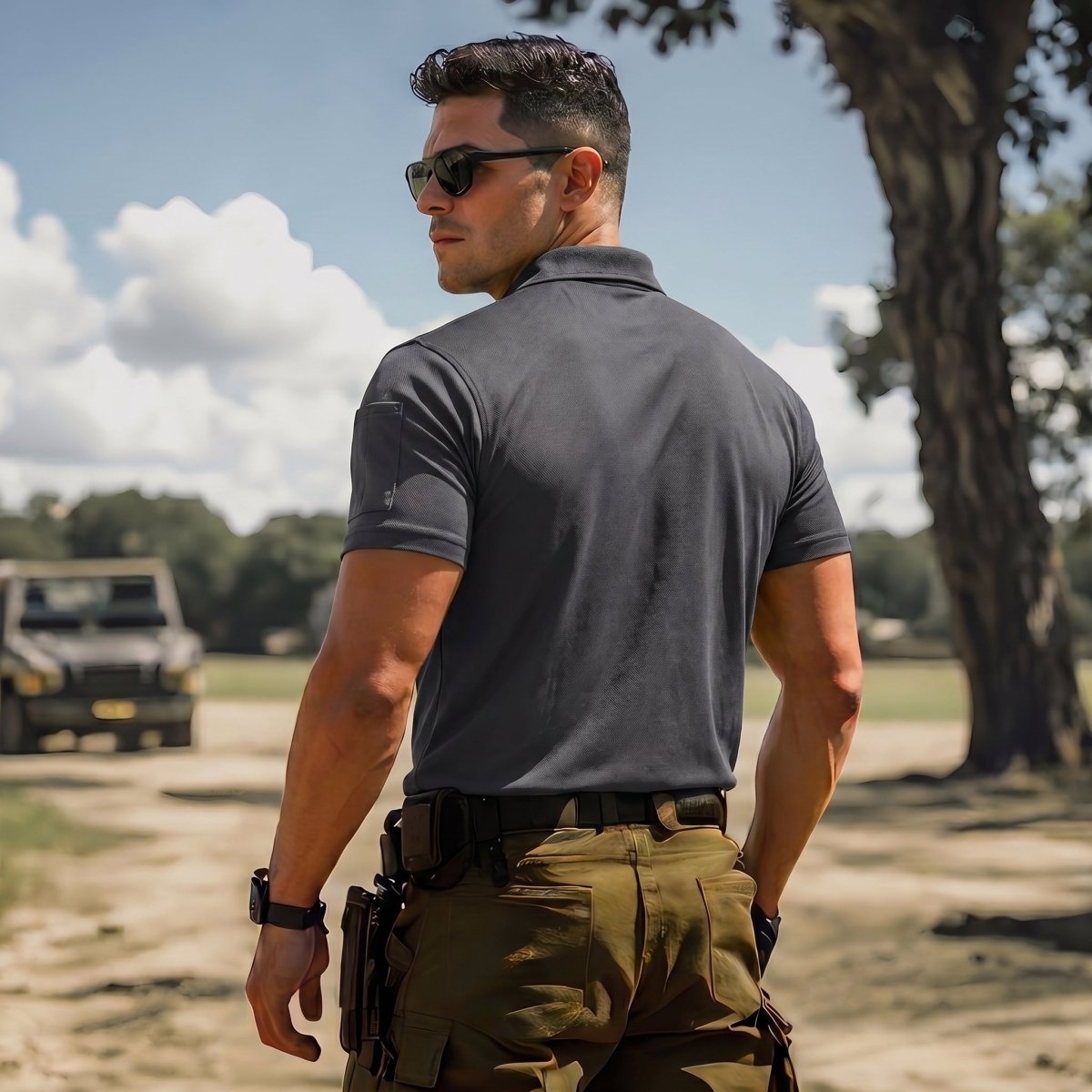 TACVASEN Dark Grey Men's Dry Fit UPF 50+ Golf Workwear Tactical Polo Shirt