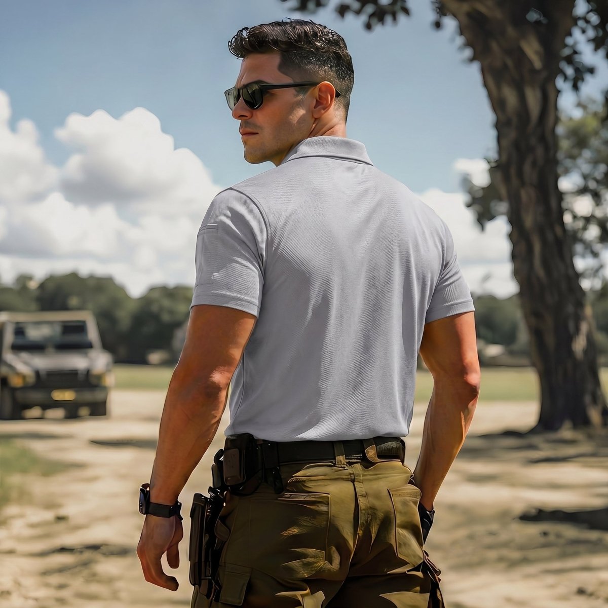 TACVASEN Light Gray Men's Dry Fit UPF 50+ Golf Workwear Tactical Polo Shirt