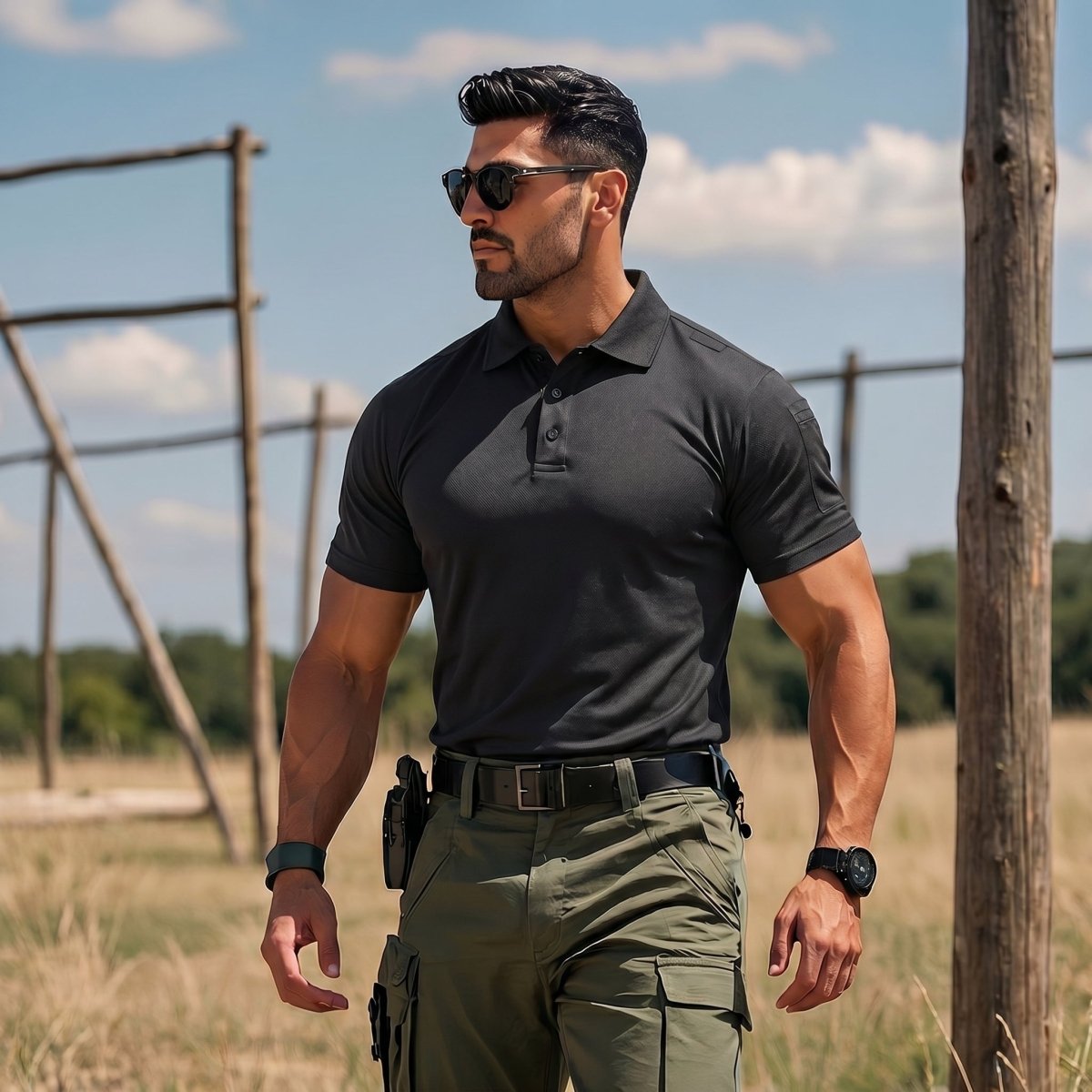 TACVASEN Black Men's Dry Fit UPF 50+ Golf Workwear Tactical Polo Shirt
