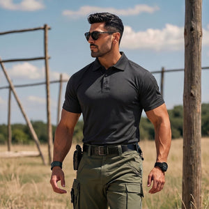 TACVASEN Black Men's Dry Fit UPF 50+ Golf Workwear Tactical Polo Shirt