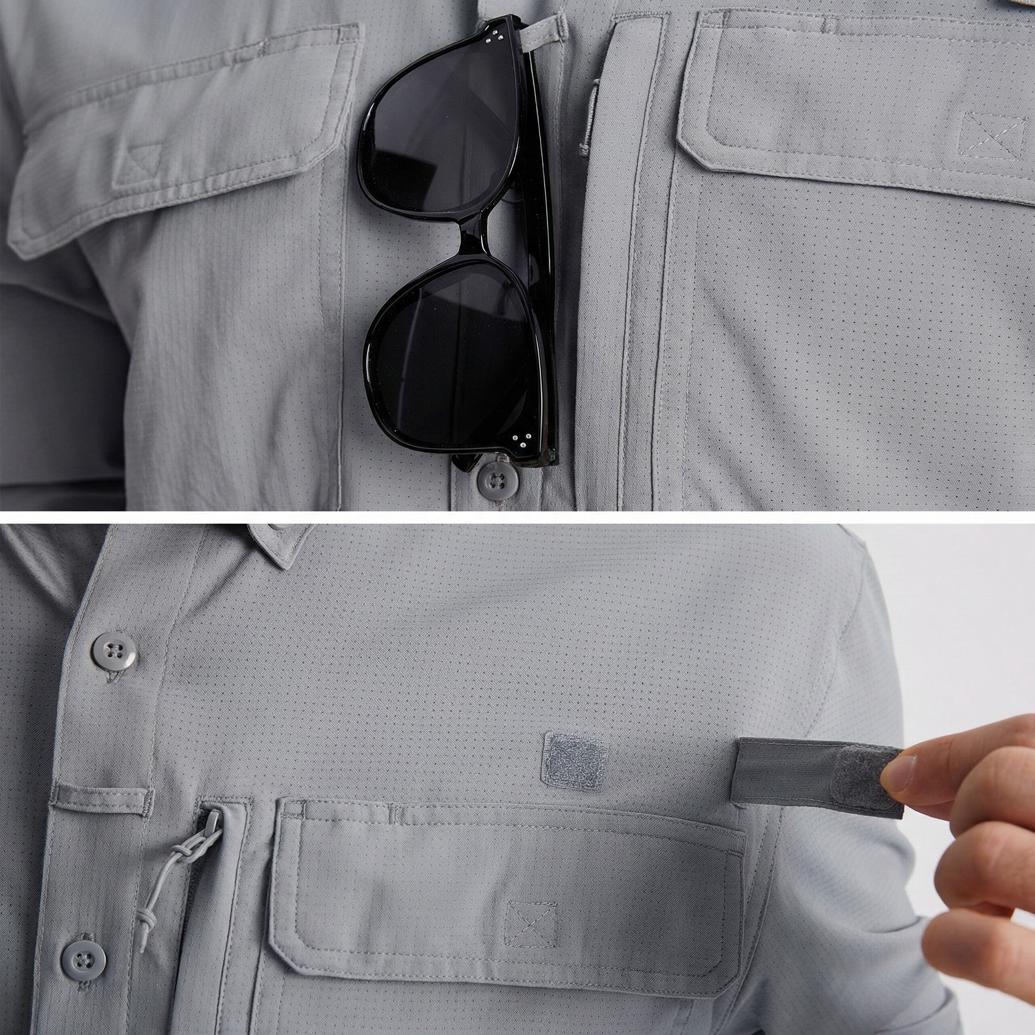 TACVASEN Light Grey Men's Fishing Shirts UPF Sun Protection Shirts with Zipper Pockets