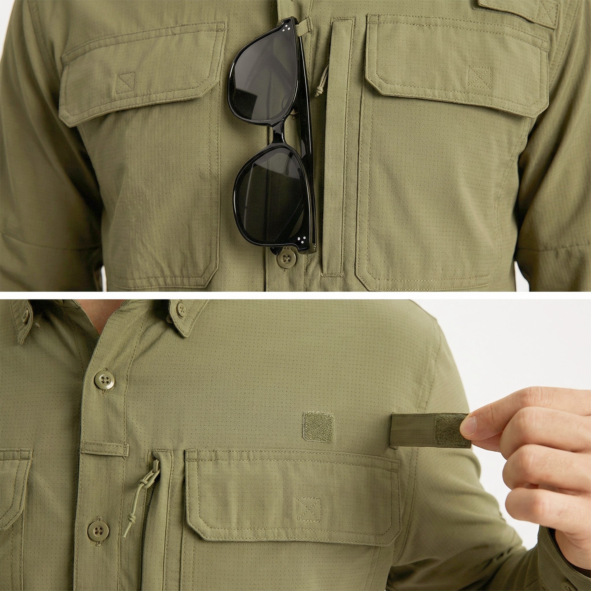 TACVASEN Khaki Men's Fishing Shirts UPF Sun Protection Shirts with Zipper Pockets