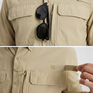 TACVASEN Light Khaki Men's Fishing Shirts UPF Sun Protection Shirts with Zipper Pockets