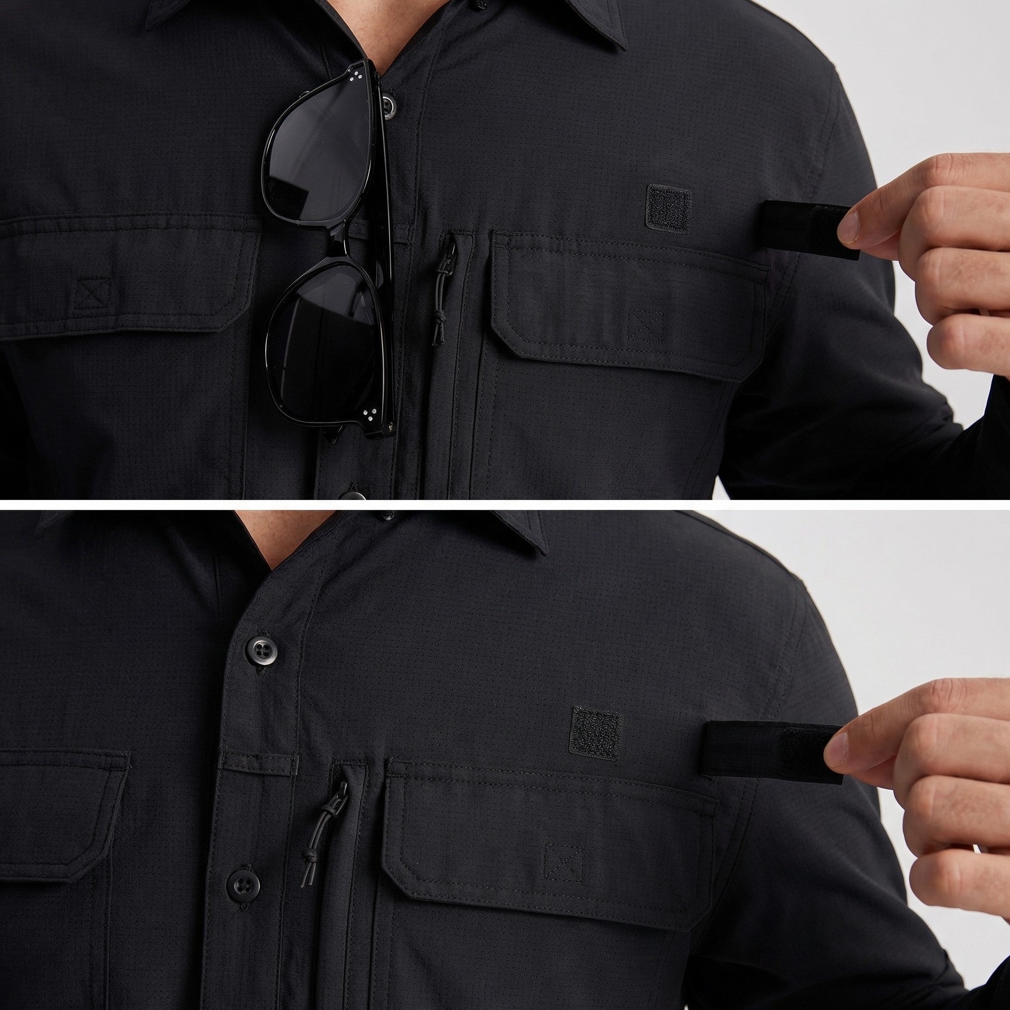 TACVASEN Black Men's Fishing Shirts UPF Sun Protection Shirts with Zipper Pockets
