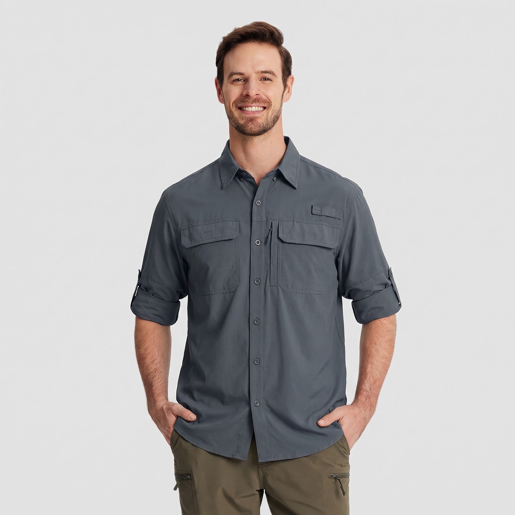 TACVASEN Dark Grey Men's Fishing Shirts UPF Sun Protection Shirts with Zipper Pockets