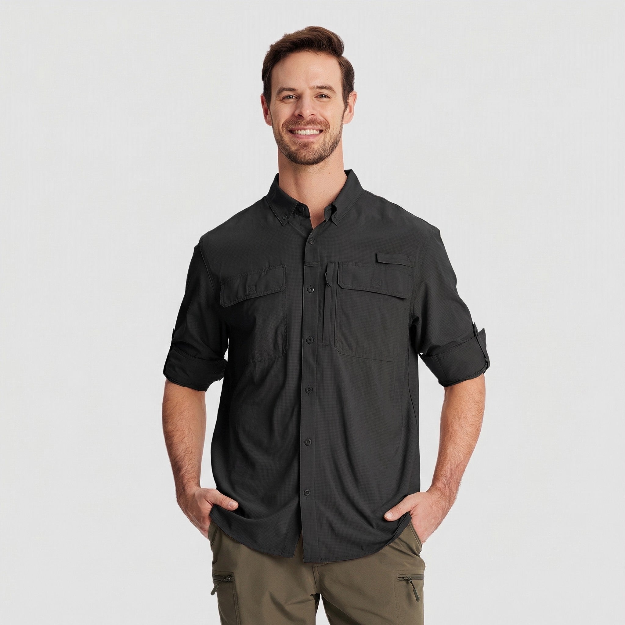 TACVASEN Black Men's Fishing Shirts UPF Sun Protection Shirts with Zipper Pockets