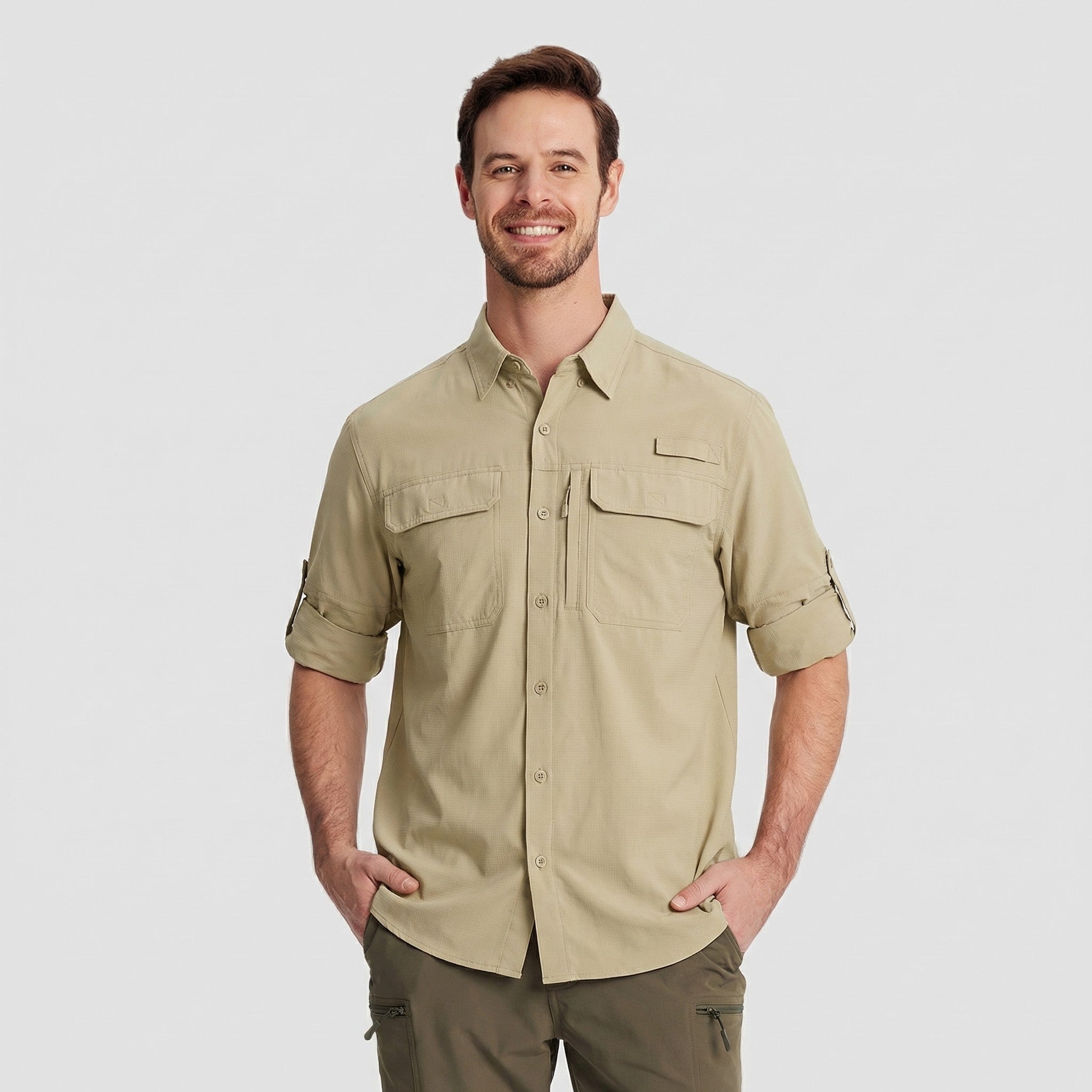 TACVASEN Light Khaki Men's Fishing Shirts UPF Sun Protection Shirts with Zipper Pockets