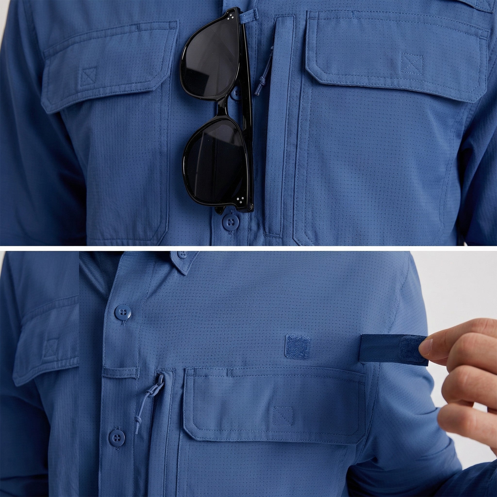 TACVASEN Blue Grey Men's Fishing Shirts UPF Sun Protection Shirts with Zipper Pockets