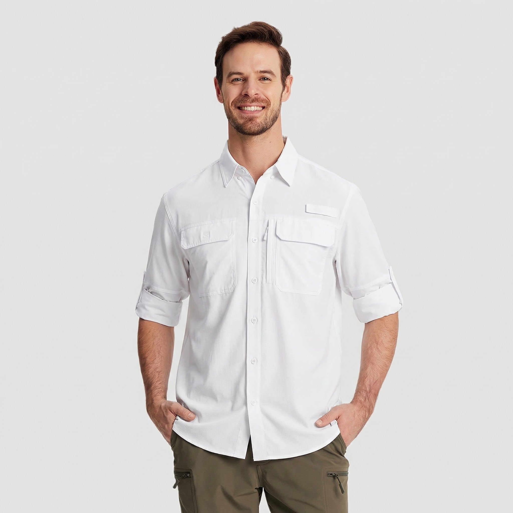 TACVASEN White Men's Fishing Shirts UPF Sun Protection Shirts with Zipper Pockets