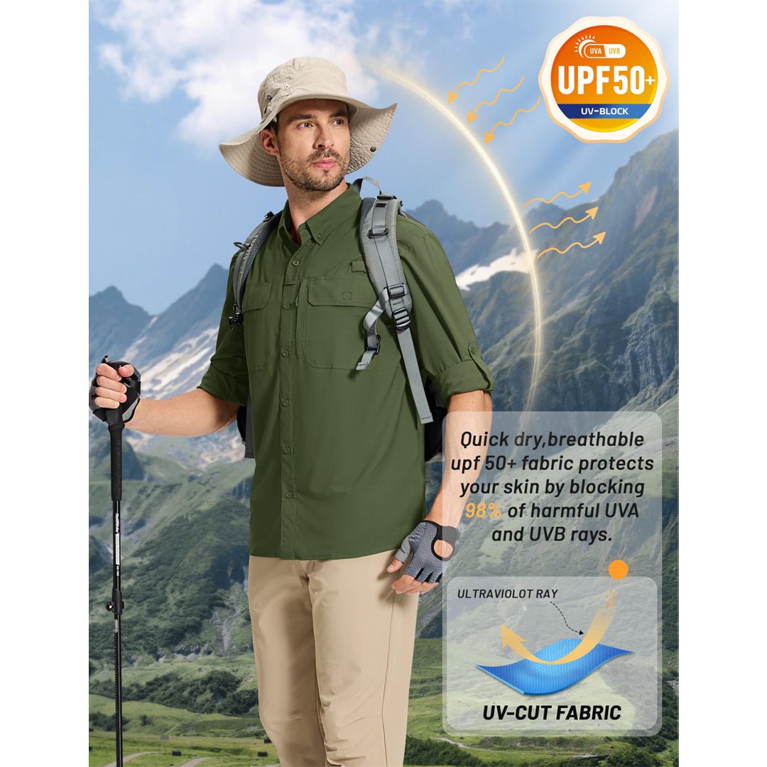 TACVASEN Army Green Men's Fishing Shirts UPF Sun Protection Shirts with Zipper Pockets